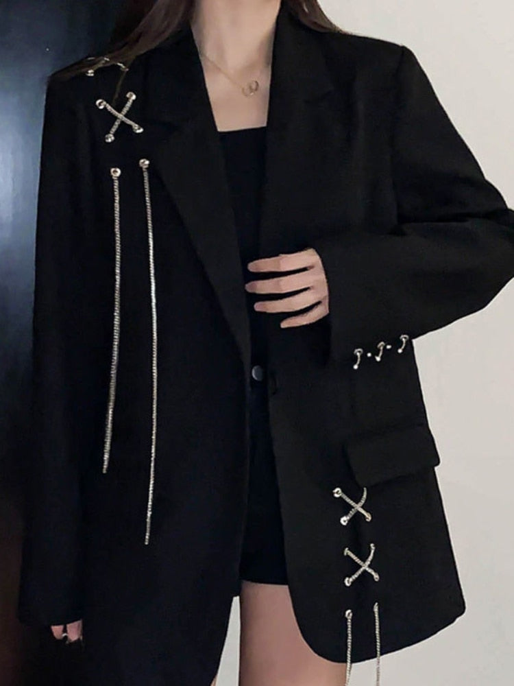 Spring Autumn Elegant New Gothic Women Blazer Jacket Casual Fashion Solid Double-breasted Pocket Chain Coat Streetwear Y2k voguable