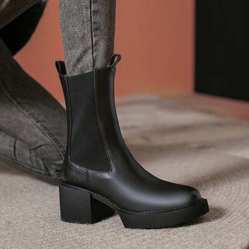 Winter Boots With Fur Boots-Women Autumn Shoes Round Toe Chelsea Plush Med Mid Calf Ladies Mid-Calf Rubber High Heel voguable