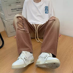 Loose Spring Casual Worn Out Hemp Rope Jeans For Men High Street Fashion Design Straight Denim Pants Male Casual Trousers voguable