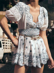 Eyelet embroidery dress women puffed sleeves scallop-edged hem mini summer dress V-neck sweet party dress ladies voguable