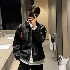 Korean Chic Double Zipper Men's PU Leather Jacket New Black Simple Trendy Lapel Autumn Black Coats Chic Casual 9A1175 voguable