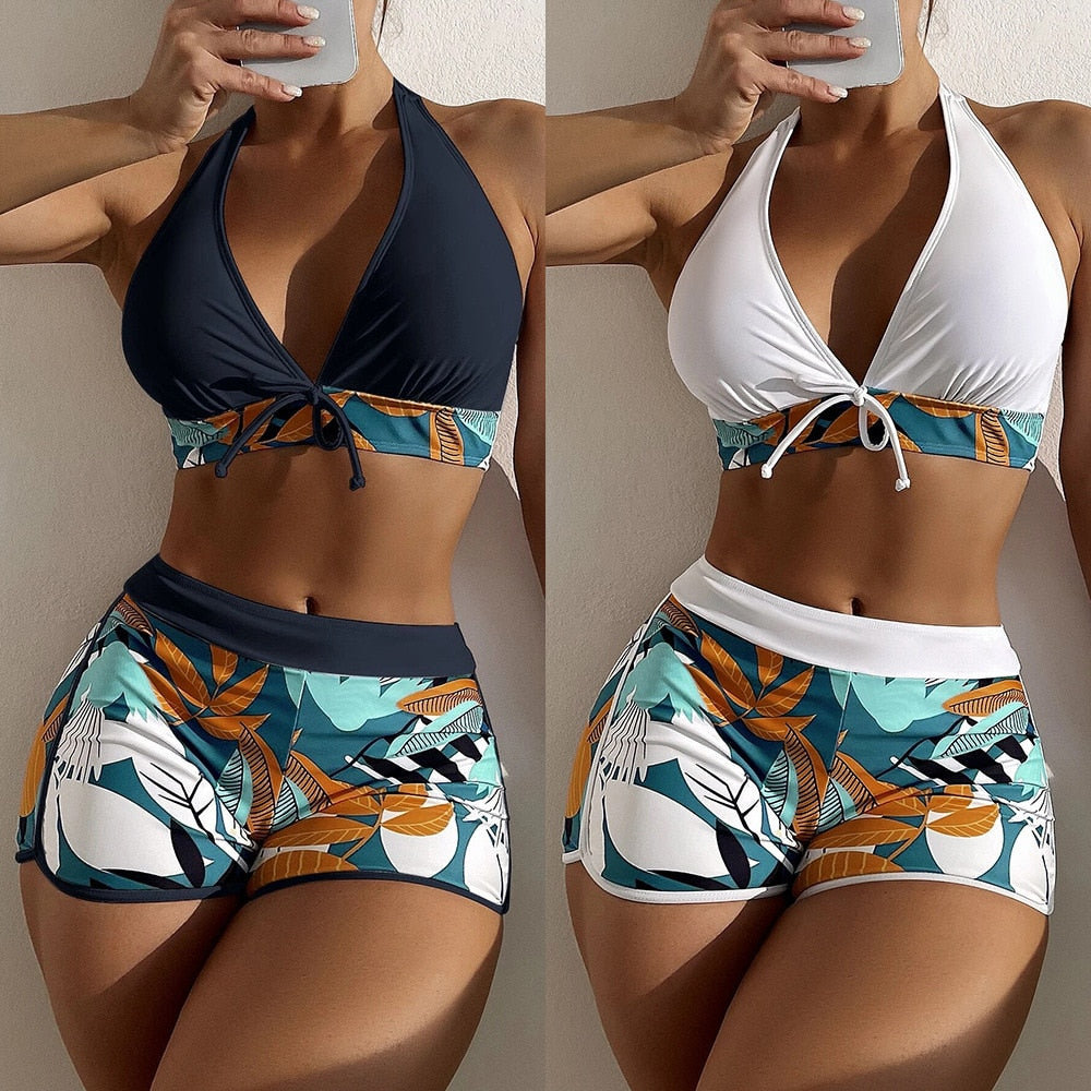 Wholesale 2 Pieces Women Boxer Shorts Bikini Sets Fashion Vintage Floral Print Bathing Suits Female High Waist Bandage Swimsuits voguable