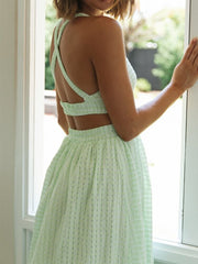 Light Green O Neck Halter Backless Summer Sexy Women Robe Sundress Plaid Solid Party Beach Long Maxi Dress Vestido voguable