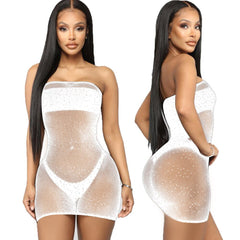 Voguable Crystal Rhinestone Diamond Mesh Bikini Cover Up Women Sequin Fishnet Bling Strapless Dresses Female Swimsuit Ladies Bathing Suit voguable