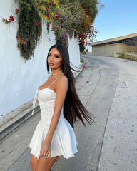 Voguable Spaghetti Straps Mini Dress Summer Strapless Women Lace Up Corset Imitation Denim Dress Ruffle Night Club Party Bandage Vestidos voguable