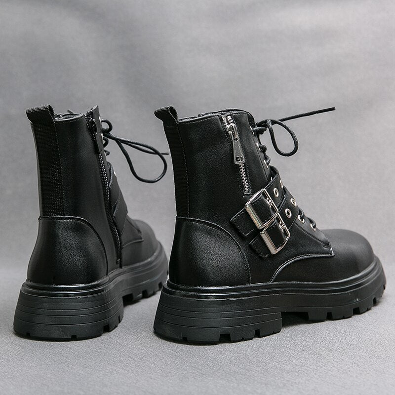 British Ankle Boots Men Shoes Fashion Black PU Personality Double Buckle Zipper Lace Thick Bottom Classic Casual Street CP361 voguable