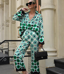 Geometric Print Vintage Women Suits Autumn Fashion Oversized Long Shirts and High Waist Wide Leg Pants Women Set voguable