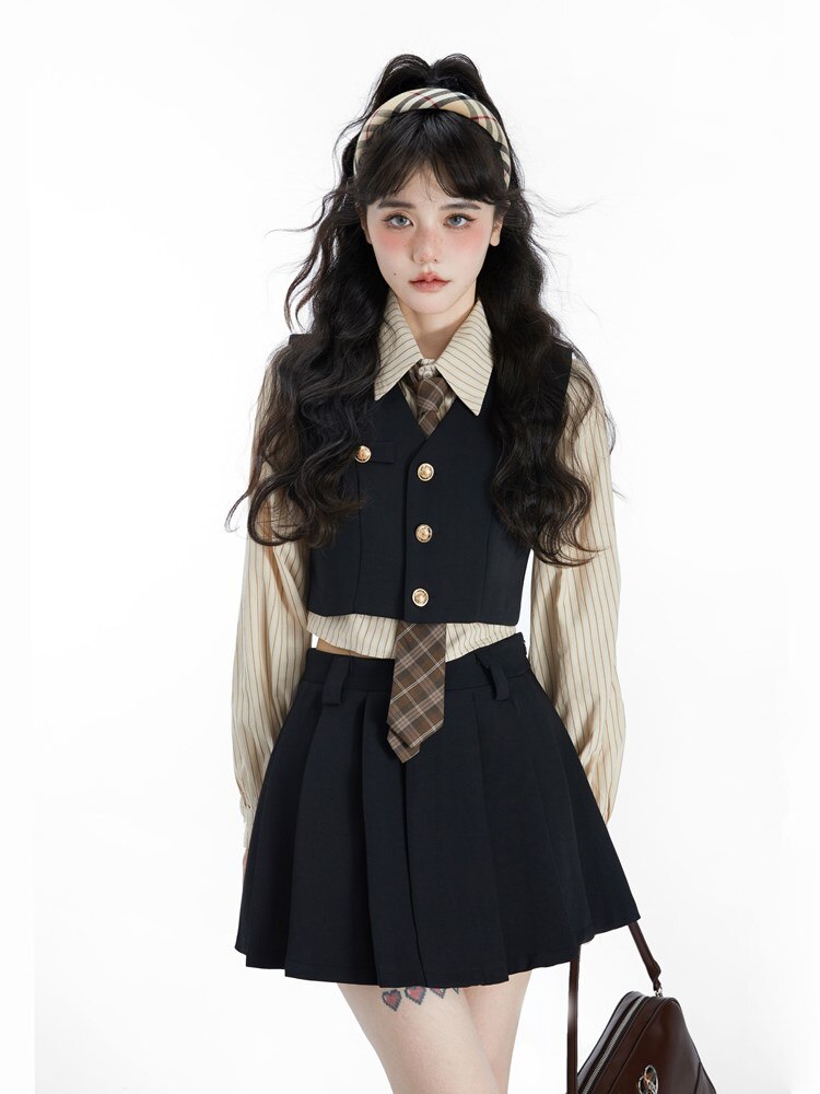 Preppy JK Skirt Suit Women's Autumn Winter 2023 New Korean Jk Uniform Short Vest Shirt Pleated Skirt Sweet Three Piece Set voguable
