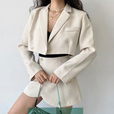 Two piece set Women Cropped Blazer and Mini Skirt Solid Elegant Office Ladies Outfits Long Sleeve Navel Exposed Irregular Suits voguable