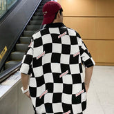 T-shirts Men Checkerboard Couple Clothes Harajuku Tops Preppy Turn Down Collar Baggy Fashion American Street Summer Vintage Chic voguable