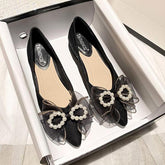 Low Heels Pearl Decorateion Shallow Mouth Shoes Casual Female Sneakers All-Match Round Toe Bow-Knot Large Size Women Flats Modis voguable