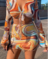 Voguable 2022 Flare Sleeve V-Neck Female Mesh Ruched Clubwear Outfits Streetwear Bow Lace Print Sheath Sexy Women Two Piece Skirt Sets voguable