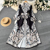 Summer Long Dress for Women Boho Long Sleeve Printed Indie Folk Half Open Collar Female Tarf Party Evening Luxury Vestidos New voguable