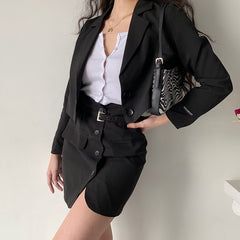 Matching Set Blazer and Skirts Women Long Sleeve Notched Cropped Blazer High Waist Mini Skirt Office Lady Striped Two Piece Set voguable