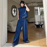 Men's Denim Sets Korean Niche Stand Collar Denim Vest Loose Wide Leg Straight Jeans Summer New Male Two Piece 9C138 voguable