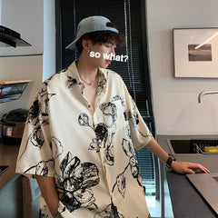 Summer Short-sleeved Shirt Men Fashion Casual Print Flower Shirt Men Streetwear Loose Ice Silk Shirts Mens Hawaiian Shirt M-2XL voguable