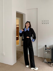 Women Splice Lapel Fashion Solid Short Blazer Coat Crop Top+Straight Pants Two Piece Sets Female Elegant Streetwear Outfits voguable
