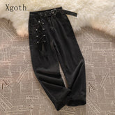 Women Black Straight Jeans Female High Waist Slim Lace Up Denim Pants Hot Girl Casual Wide Leg Dark Gray Vintage Trousers voguable
