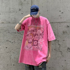 Summer High Street  American Short Sleeve T-shirt Graffiti Loose Washed Trend Y2k Casual Top Tshirt Streetwear Cotton Tees voguable