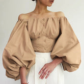 Fashion Off Shoulder Lantern Sleeve Sexy Women Top Office Lady Backless Solid Blouse Button Up Single-Breasted Crop Shirts Mujer voguable