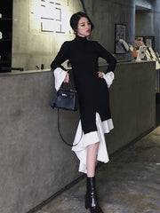 Korean Fashion Women Patchwork Knitted Sweater Dress Autumn New Solid Casual Vintage Ribbed Evening Vestidos Female Clothings voguable