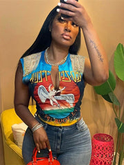 Summer Streetwear Clothes Sleeveless Crop Tops Women 2022 Tassel Print Graphics T Shirts Tees V Neck Tee T Shirt Female voguable