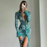 Women Elegant Long Sleeve Printed Bodycon Streetwear Green Midi Dress Autumn Clothes Wholesale Items For Business voguable