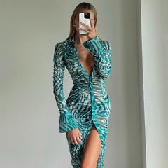 Women Elegant Long Sleeve Printed Bodycon Streetwear Green Midi Dress Autumn Clothes Wholesale Items For Business voguable
