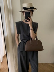 Summer Vintage Jumpsuits Women Korean Fashion Loose O-neck Wide Leg Pants Rompers Playsuits Chic Casual Overalls with Belt voguable