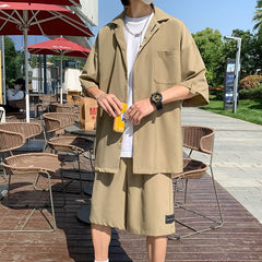 M-3XL Cargo Sets Men Two Piece Summer Notch Shirts Elastic Waist Shorts Summer Korean Fashion Streetwear Baggy Soft Thin Chic voguable
