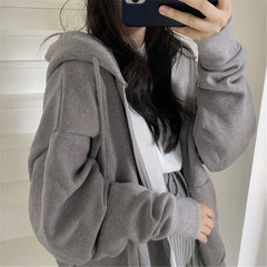 VOGUABLE Women Hoodies Harajuku Korean Version Zip Up Loose Oversized Sweatshirts Casual Solid Color Long Sleeve Hooded Sweatshirt Coats voguable