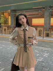 Preppy JK Skirt Suit Women's Autumn Winter 2023 New Korean Jk Uniform Short Vest Shirt Pleated Skirt Sweet Three Piece Set voguable