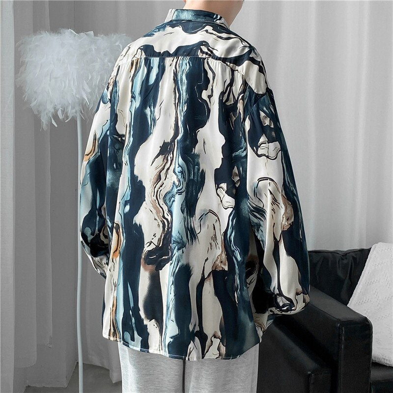Long Sleeve Blue Shirts Men Summer Casual Design Print All-match Retro Harajuku Clothing Streetwear Рубашки Breathable Popular voguable