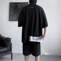 M-3XL Cargo Sets Men Two Piece Summer Notch Shirts Elastic Waist Shorts Summer Korean Fashion Streetwear Baggy Soft Thin Chic voguable