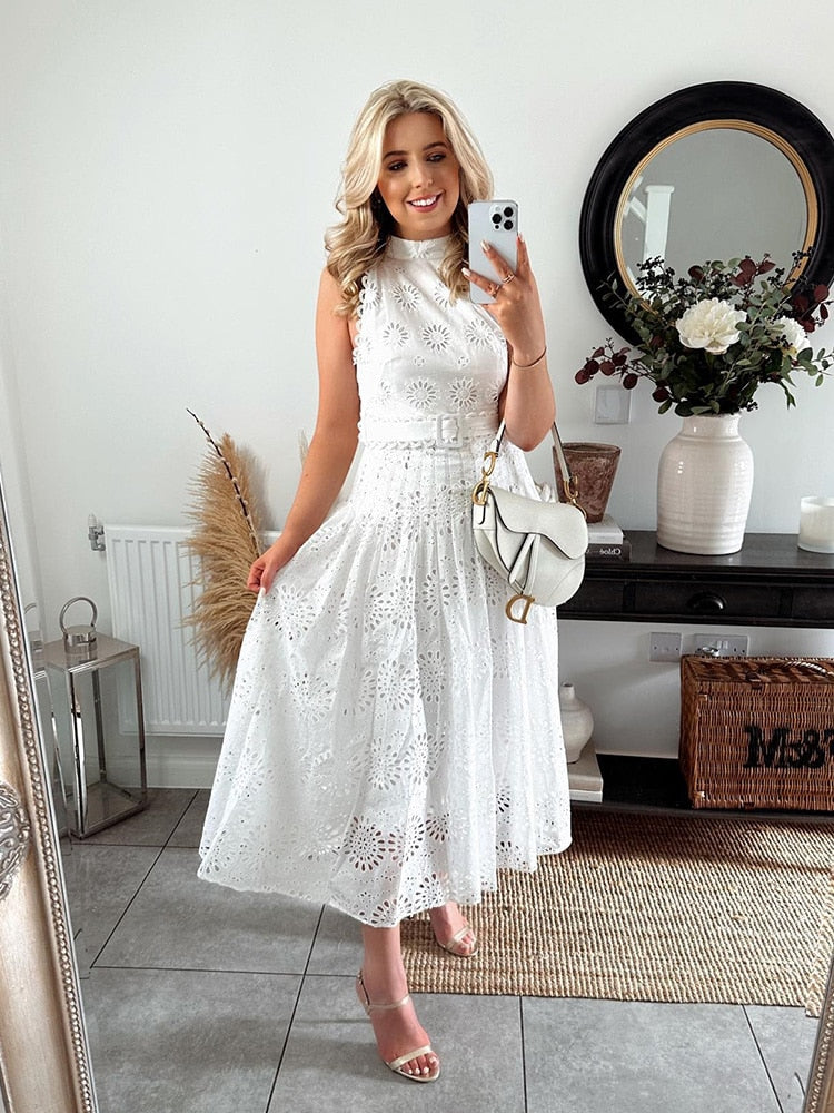 Cotton White A-line Hollow Out Belt Casual Maxi Long Summer Women Dress Halter Sleeveless Sundress Robe Party Vestidos voguable