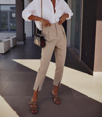 Voguable Autumn winter fashion high wasit pants women Solid pocket ankle-lenght trousers Casual straight long pants female voguable