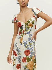 Women Clothing Short Sleeve Summer Midi Dress With Slit Vintage Floral Print Dress Sweetheart Neck Elegant Party Dresses voguable