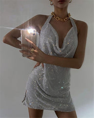 Women Backless Pink Sexy Dress Halter Night Club Glitter Sequin Birthday Dress Christmas Rhinestone Mini Party Dresses Vestidos voguable