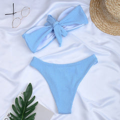 Voguable Women Summer Two Piece Swimwear Sleeveless Tube Bra High Waist Briefs Split Bikini Set Ladies Strapless Bikini Sets voguable