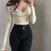 Voguable Cream Yellow Gentle Crop Top Sexy Women Lace Trim V Neck Long Sleeve Skinny Pullover Tees Y2K Fairy Vintage Basic T-shirt voguable