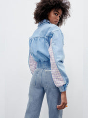 Voguable 2022 spring new women's clothing European and American style faux pearl button stitching denim jacket high waist jeans voguable