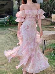 Floral Sweet Women Midi Dress Mesh Elegant Slash Neck Korean Summer Female Dresses Petal Sleeve Fashion Lady Vestido New voguable