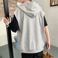 With Hat Vests Man Loose Trendy Waistcoats Students Zipper Solid Pockets Casual All-match Simple Sleeveless Jackets Korean Style voguable