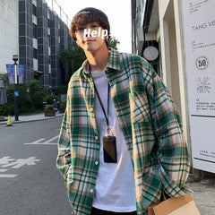 Autumn Thick Woolen Shirt Men Fashion Retro Casual Oversized Plaid Shirts Mens Korean Blue/Green Loose Long-sleeved Shirt Men voguable
