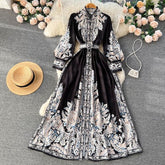 Spring Autumn Long Sleeve Luxury Maxi Dress for Women White/Black Printed Stand Collar Elegant Female Wedding Party Eveing Boho voguable