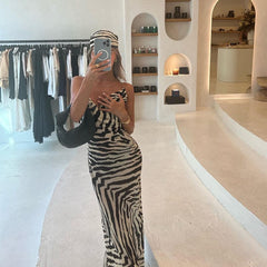 Women Fashion Sleeveless Zabra Printed Split Long Maxi Dress Summer Beach Clothes Wholesale Items For Business voguable