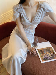 Voguable New 2022 Dresses High Waist Elegant Lady Vintage Chic Sexy Lace Petal Sleeve Women Summer Fashion Long Evening Dress voguable