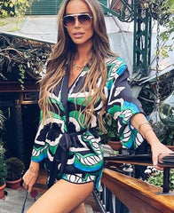 Oversized Green Print Boho Women Shorts Sets Shirts Shorts Pants Three Pieces Fashion Suits Matching Sets 2023 Summer voguable