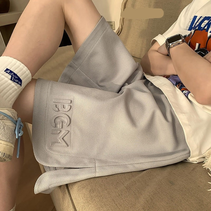 Summer New Korean Fashion Y2k Mens Shorts Baggy Straight Tube Embossed Seal Casual Short Pants Breeches Harajuku Elastic Waist voguable