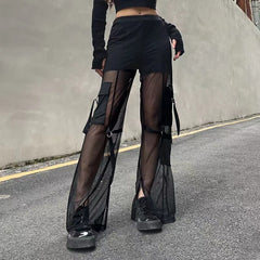 Voguable Harajuku Pocket Baggy Cargo Pants Woman Low Rise Chic Mesh Patchwork See Through Sweatpants Punk Style Women Jogging Trousers voguable